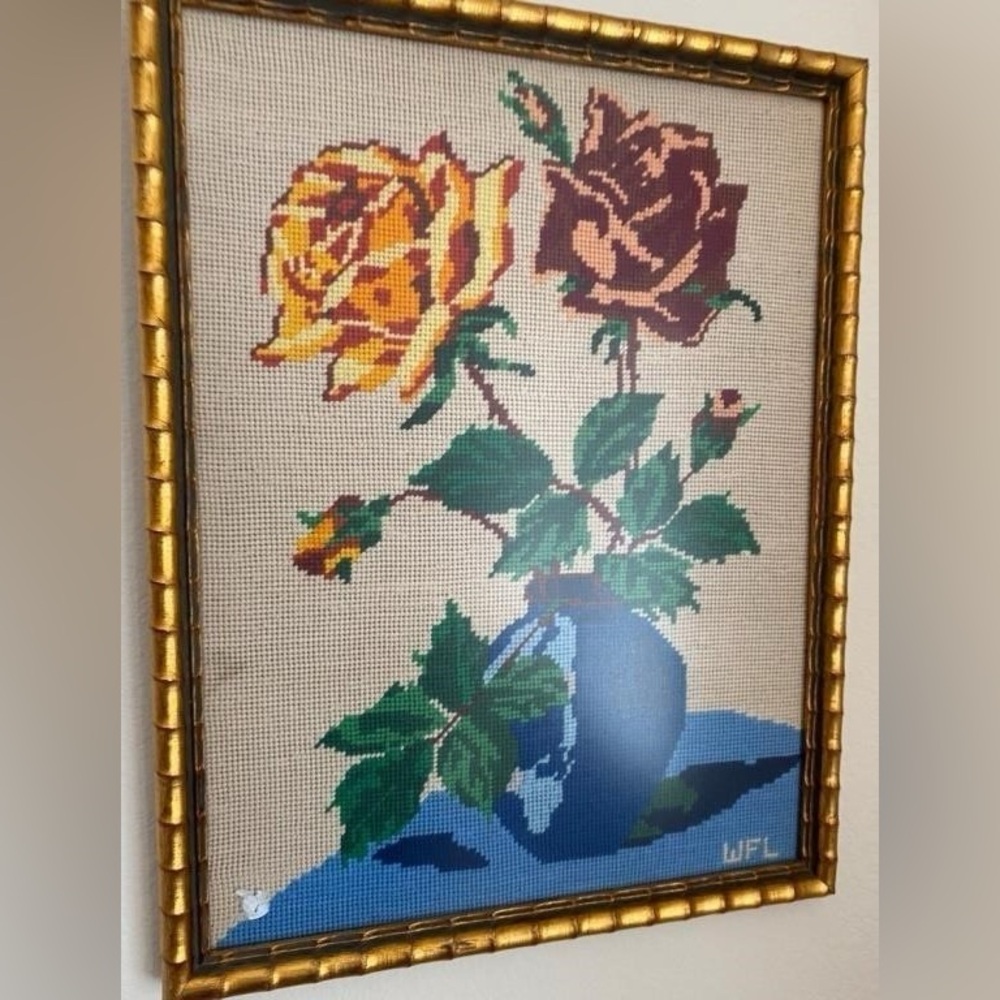 Vintage Needlepoint Embroidery Roses, Gold Frame